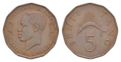 Танзания 5 центов 1966 KM 1 бронза 4620-945