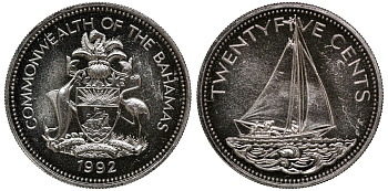 Багамские острова 25 центов 1992 парусник KM 63.2 медно-никель 00-00