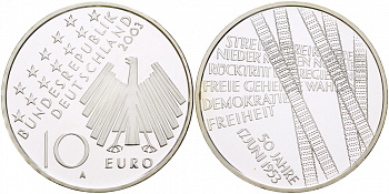 ФРГ 10 евро 2003 А, 50-я годовщина народного восстания 1953 года в ГДР KM 226, DE.S. 10.9 серебро PROOF 1082-9-52