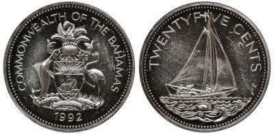Багамские острова 25 центов 1992 парусник KM 63.2 медно-никель 00-00