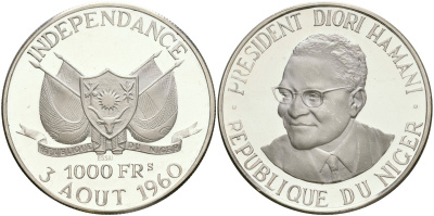 Нигер 1000 франков 1960 ESSAI, президент Амани Диори (Hamani Diori), независимость KM E6 серебро PROOF 11-083-22