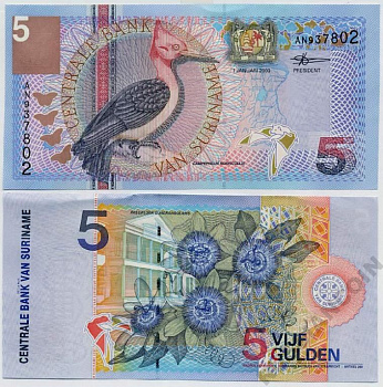 Суринам 5 гульденов 2000 птица Red-necked woodpecker, TDLR Pick 146 бумага UNC (пресс) 447-75-3