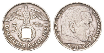 Германия 5 рейхсмарок 1938 J, Гинденбург КМ 94, J.367 серебро 5010-1945