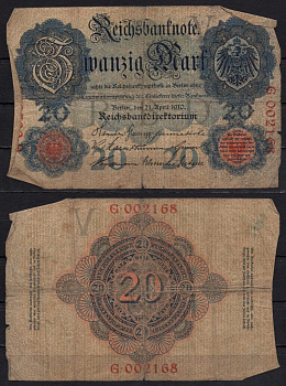 Германия 20 марок 1910 Pick 40 a бумага 6293-36-1-2