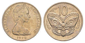 Новая Зеландия 10 центов 1976 Елизавета II (1952-2022), маска маори KM 41 медно-никель 4652-637