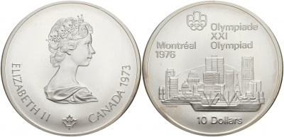 Канада 10 долларов 1973 XXI летние Олимпийские игры в Монреале 1976 года, вид на город KM 87 серебро UNC 01-172-13