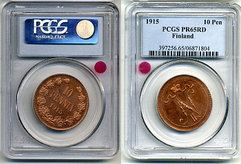 Россия для Финляндии 10 пенни 1915 в слабе PCGS PROOF 65 Биткин 438 медь PROOF 00-000-00