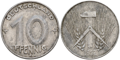 ГДР 10 пфеннигов 1952 E KM 7 алюминий 24-1231