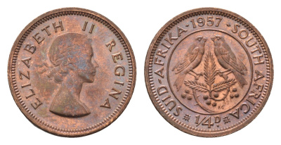 ЮАР 1/4 пенни (фартинг) 1957 Елизавета II (1952-2022) KM 44 бронза UNC 4690-925