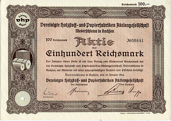 Германия 100 рейхсмарок 1934 АО Объединенные деревообрабатывающие и бумажные фабрики, Нидершлем в Саксонии, акция   бумага  8803-15-1