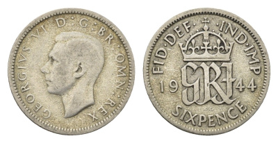 Великобритания 6 пенсов 1944 Георг VI (1936-1952) KM 852, Spink 4084 серебро 4690-818