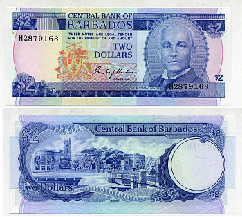 БАРБАДОС 2 ДОЛЛАРА 1980 ДЖОН РЕДМАН БОВЕЛ, ТРАФАЛЬГАРСКАЯ ПЛОЩАДЬ В БРИДЖТАУНЕ, TDLR, ПОДПИСЬ C. BLACKMAN Pick 30а бумага UNC (ПРЕСС) 7552-42-3