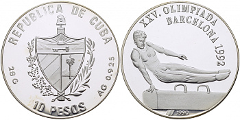 Куба 10 песо 1990 XXV летние Олимпийские игры 1992 года в Барселоне, гимнаст на коне KM 369 серебро PROOF 1077-4-43