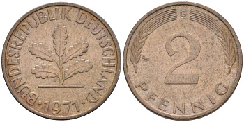 ФРГ 2 пфеннига 1971 G KM 106а сталь плакированная бронзой 4567-352