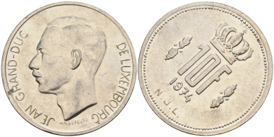 Люксембург 10 франков 1974 поворот на 80 градусов, брак чекана KM 57 никель 02-119-33