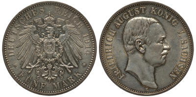 Саксония 5 марок 1914 E, Фридрих Август (1904-1918) Weege 133, J. 136, KM 1266 серебро 00-805-04