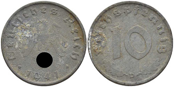 ГЕРМАНИЯ 10 РЕЙХСПФЕННИГОВ 1941 D KM 101, J. 371 цинк 4401-734