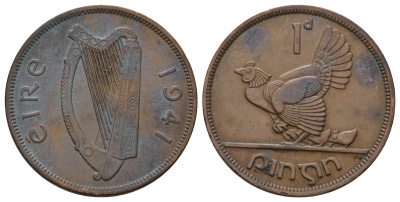 Ирландия 1 пенни 1941 курица с цыплятами KM 11 бронза 4512-931