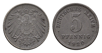 Германия 5 пфеннигов 1920 J KM 19, J. 297 железо плакированная цинков 4684-1122