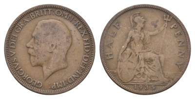 Великобритания 1/2 пенни 1935 Георг V (1910-1936) KM 837, Spink 4058 бронза 4662-1037