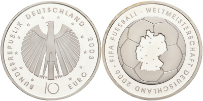 ФРГ 10 евро 2003 чемпионат мира по футболу 2006 года в Германии, первая монета KM 223, DE.S. 10.8 серебро PROOF 02-251-51