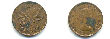 Канада 1 цент 1956 Елизавета II (1952-2022), кленовый лист KM 49 бронза 177-1319