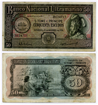 ПОРТУГАЛЬСКОЕ САН-ТОМЕ И ПРИНСИПИ 50 ЭСКУДО 1958 20.11.1958, КОРОЛЬ АФОНСУ V АФРИКАНЕЦ, ПАРУСНИКИ И ПАРОХОД Pick 37 бумага 8564-18-3