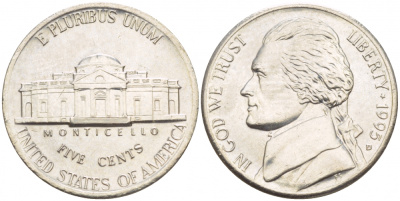 США 5 ЦЕНТОВ 1995 D, ДЖЕФФЕРСОН KM А192 медно-никель 4546-1224