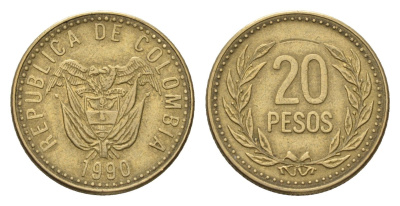Колумбия 20 песо 1990 KM 282 алюминиевая бронза 4696-1226