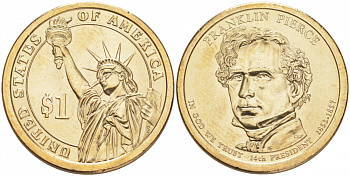 США 1 доллар 2010 P, Президент США - Франклин Пирс (1853-1857) KM 476 медь с марганцево-латунным покрытием UNC M31-9