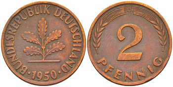 ФРГ 2 ПФЕННИГА 1950 D KM 106, J. 381 бронза 4396-1549