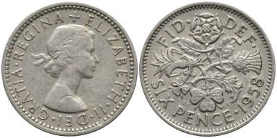 Великобритания 6 пенсов 1958 Елизавета II (1952-2022) KM 903, Spink 4149 медно-никель 4567-513