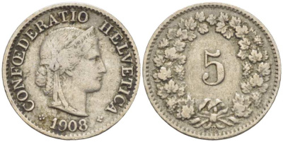 ШВЕЙЦАРИЯ 5 РАППЕНОВ 1908 В KM 26 медно-никель 3955-1126