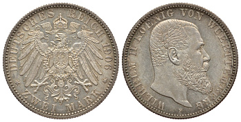 Вюртемберг 2 марки 1906 F, ВИЛЬГЕЛЬМ II (1891-1918) Weege 170, J. 174, KM 631 серебро 413-4931