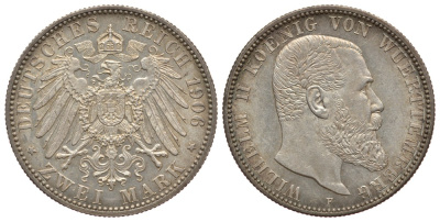 Вюртемберг 2 марки 1906 F, ВИЛЬГЕЛЬМ II (1891-1918) Weege 170, J. 174, KM 631 серебро 413-4931