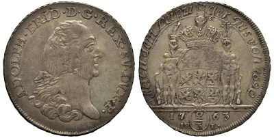 Померания 2/3 талера 1763 Адольф Фридрих, король Швеции KM 421, Dav. 772 серебро 10-005-17