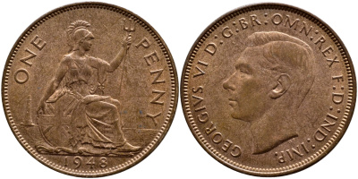 Великобритания 1 пенни 1948 Георг VI (1936-1952) KM 845, Spink 4114 бронза 41-133