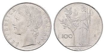 Италия 100 лир 1961 R, Афина в доспехах KM 96.1 нержавеющая сталь 4638-544