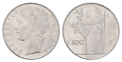 Италия 100 лир 1961 R, Афина в доспехах KM 96.1 нержавеющая сталь 4638-544