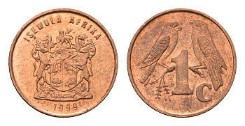 ЮАР 1 цент 1999 герб, капские воробьи KM 170 сталь плакированная медью UNC 4694-237