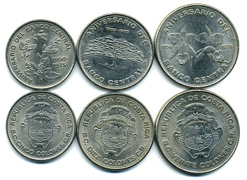 Коста-Рика лот из 3 монет 1975 25 лет Центральному банку, (5, 10, 20 колон) KM 203, 204, 205 никель UNC N2-40