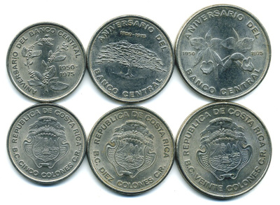 Коста-Рика лот из 3 монет 1975 25 лет Центральному банку, (5, 10, 20 колон) KM 203, 204, 205 никель UNC N2-40