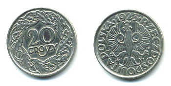 Польша 20 грошей 1923 w KM 12, Parchimowicz 105 никель 4383-166
