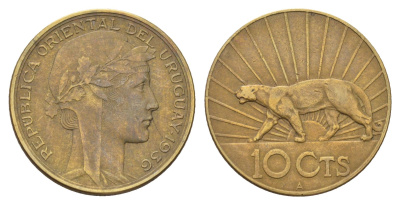 Уругвай 10 сентесимо 1936 год-тип KM 28 алюминиевая бронза 4666-1245