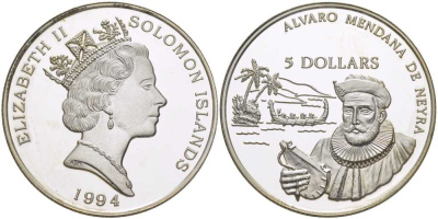 Соломоновы острова 5 долларов 1994 Альваро Менданья де Нейра (1542-1595) KM 63 серебро PROOF 00-00-00