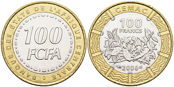 Валютный союз стран Экваториальной Африки 100 франков 2006 FCFA KM 15 биметалл 4586-1024