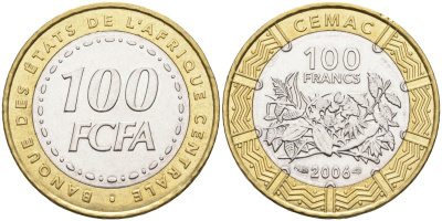 Валютный союз стран Экваториальной Африки 100 франков 2006 FCFA KM 15 биметалл 4586-1024
