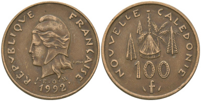Французская Новая Каледония 100 франков 1992 хижина среди сосен и пальм, (IEOM) KM 15, Schoen 16, Lec 137 никель бронза 88-912