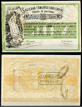 Уругвай, Монтевидео 10 песо 1868 мальчик, карта, № 20923 Pick S481  бумага  451-169-1