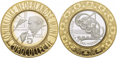 Сан-Марино 5 евро 2007 дирижер Артуро Тосканини, евроколлекция Нидерландского монетного двора KM 474 серебро PROOF 1068-8-31